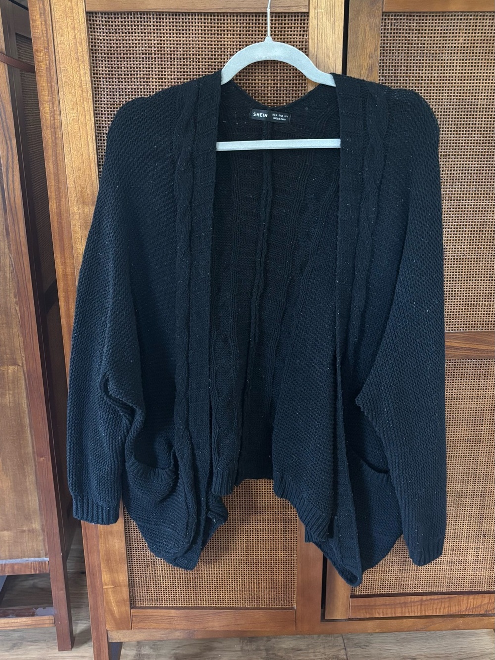 SHEIN Black Open-Front Cable Knit Cardigan with Pockets